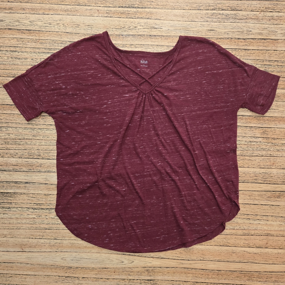 Ana A New‎ Approach Maroon Short Sleeve Tee With Criss Cross Neck Front